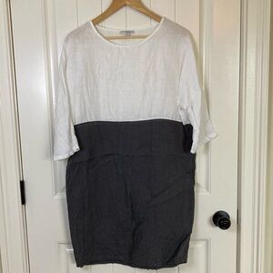 Vanessa Zani Color Block Shift Dress Size M Grey White Elbow Sleeve Linen